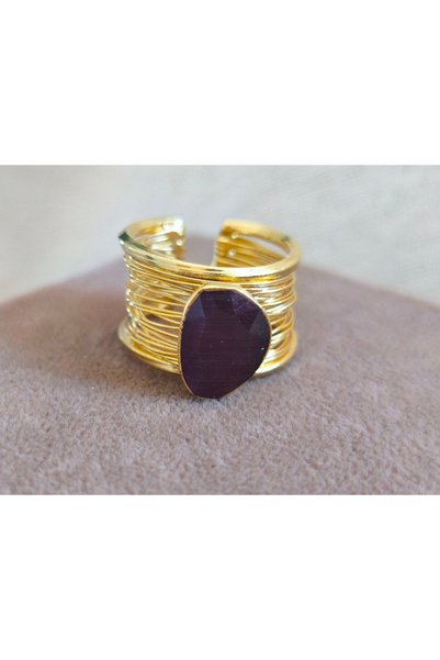 MuseumofYou Cat's Eye Natural Stone Ring, Plum Purple Color, Handcrafted Wire Ring, Adjustable