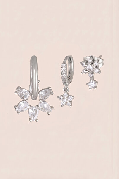 Hetra Silver Colored Zircon Stone Crystal Flower Dangle Earrings Set of 3