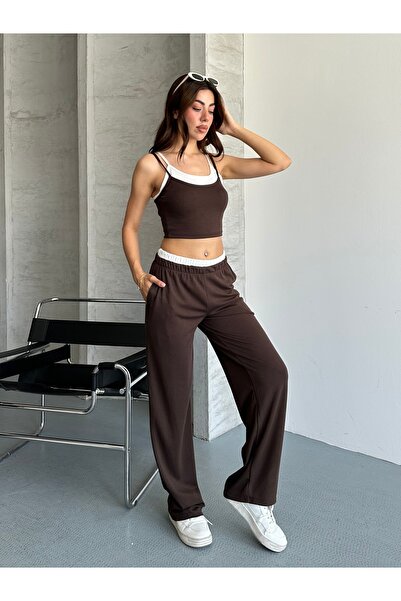 Rabi Shine Women's Modal Fabric Combined Strappy Crop Top and Bottom Set