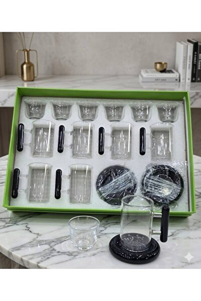 Rwafd Rema 18Pcs Black Handle Crystal Glass Bowl and Pitcher Set