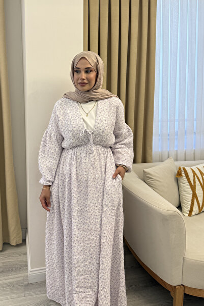 Molly Nelly Kadın Çiçek Baskılı Uzun Pamuk Beyaz Muslin Elbise