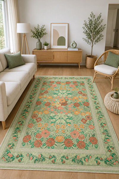 Toronto Home Dijital Kaymaz Yıkanabilir Çiçekli Vintage Salon Halısı Mutfak H...