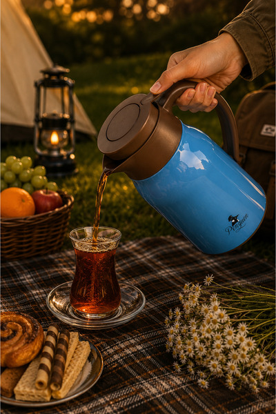 Penguen 1 Litre Paslanmaz Çelik Termos Mavi Vakumlu Çay Kahve Termosu Kamp Pi...