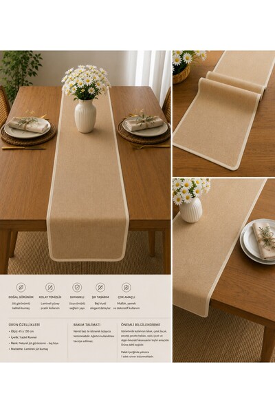 shules collection Doğal Şıklık BEJ Biyeli Lamineli Jüt Runner 45x130 cm