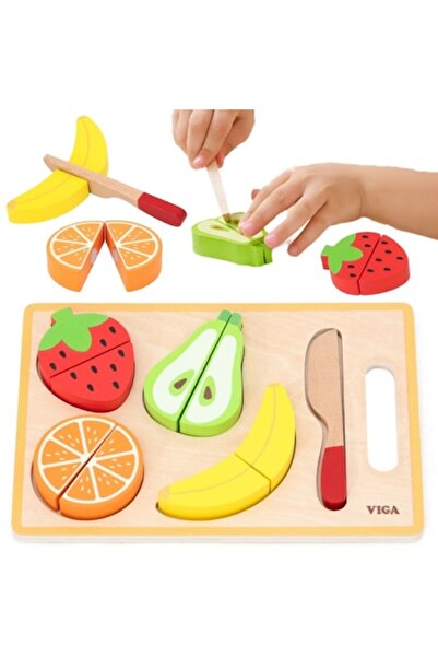 Viga Toys Puzzle educativ din lemn, cu 4 fructe, cuțit și tocător, 18 luni+