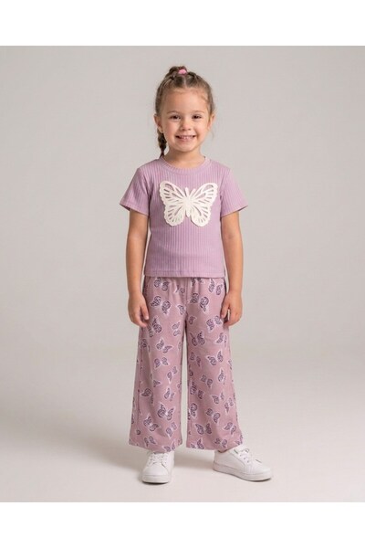 VOY KİDS Girl's Summer Muslin Trousers and Butterfly Embroidered T-Shirt 2-Pi...