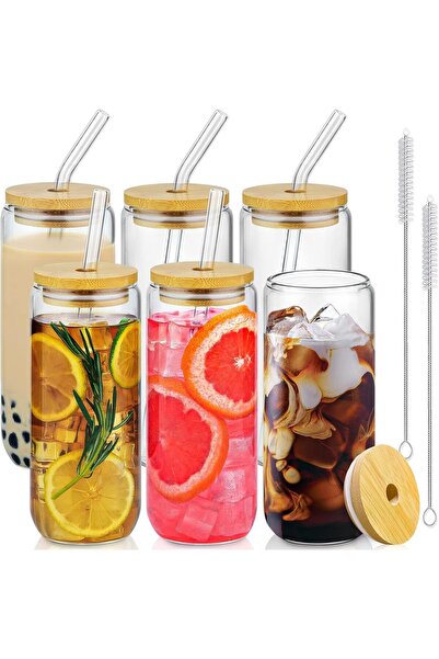 jaffiust 6 PCS 20 Oz Drinking Glasses with Bamboo Lids and Glass Straw, Glass...