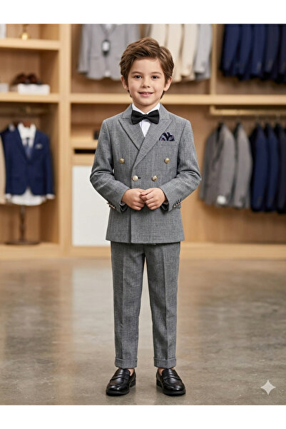 MY DEDE Çocuk kruvaze slim fit gri kendinden desenli takım elbise