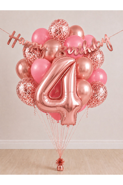 Balonsan -4- Age Rose Gold Happy Birthday Banner Themed Balloon Bundle 15 Pieces