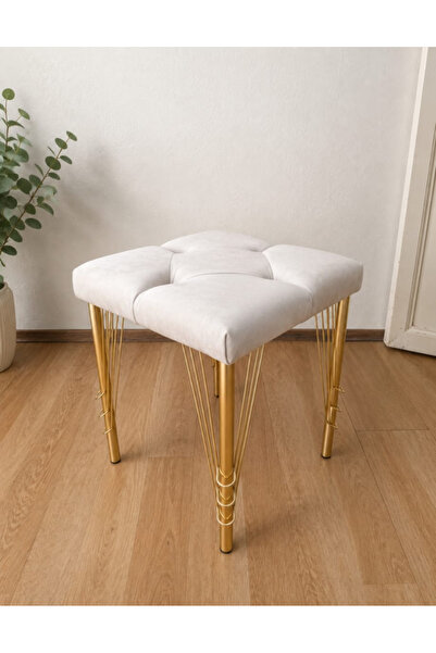 Rihan Mobilya Kare Gold Kaplama Hairpin Ayaklı Krem Rengi Tabure