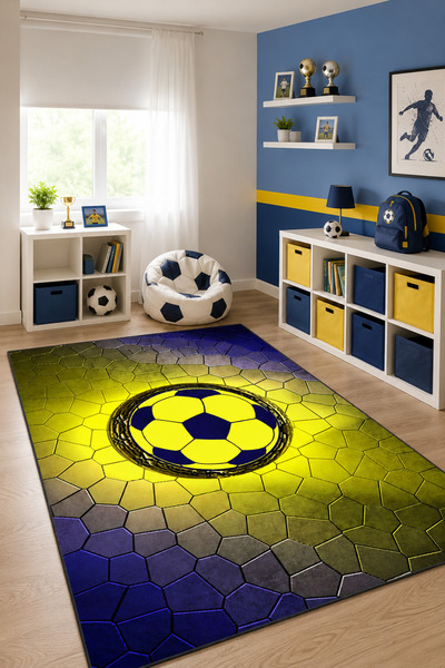 Jungle Halı Sarı Lacivert Futbol Temalı Çocuk Odası Halısı
