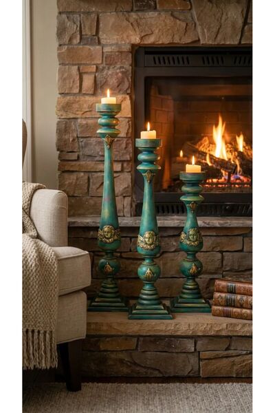 RENDORA MOBİLYA Ahşap Vintage 3'lü Yeşil Melek Figürlü 40*50*60 cm Şamdan Set...