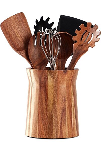 AZONEE Wooden Utensil Holder For Countertop, 360° Rotating Acacia Wood Kitche...
