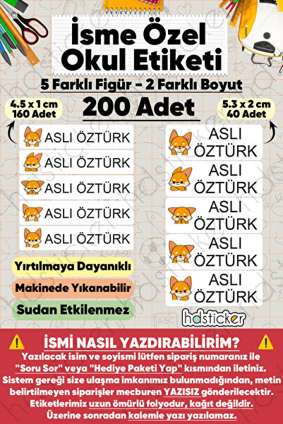 hdsticker 200 Adet Tilki Desenli İsme Özel Okul Etiketi Kişiye Özel İsim Bask...