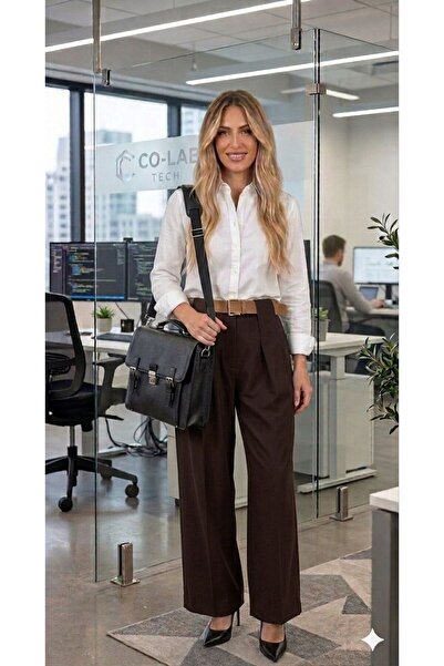 hies Pants + Belt, Bridge Detailed Elastic-Free High Waist Wide Leg Palazzo B...