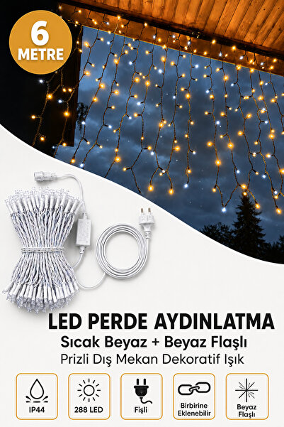 Deconitte 6 Metre 288 LED Perde Işık Sıcak Beyaz +Beyaz Flaşlı Fişli İç Ve Dı...