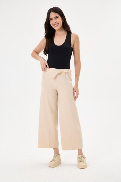 Vesli Women's Cream High Waist Belted Wide Leg Palazzo Trousers Double Fabric