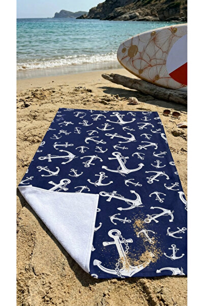 Miami Beach Marin Çapa Desenli Lacivert Yüksek Su Emici 70x150cm Plaj Havlusu