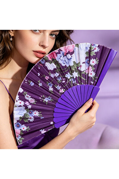 idei Evantai Pliabil Manual Satin Violet cu Imprimeu Floral Multicolor, Evant...