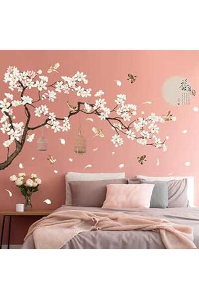 The Bros Chinese Style White Flowers Black Tree and Flying Birds Wall Stickers