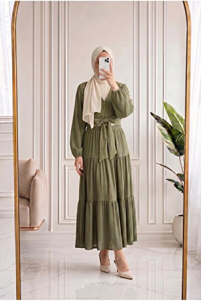 MİHRA STORE Melelle Tie-Front and Buttoned Sleeve Elastic Skirt Set-Ek593 Green