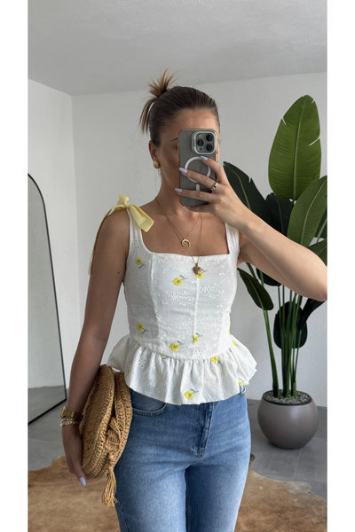asfamoda Yellow Floral Embroidery Scallop Blouse Women Tie-Up Strap Square Ne...