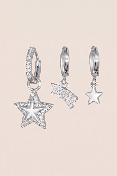 Hetra Silver Colored Zircon Stone Shooting Star Figured 3-Piece Hoop Earring Set