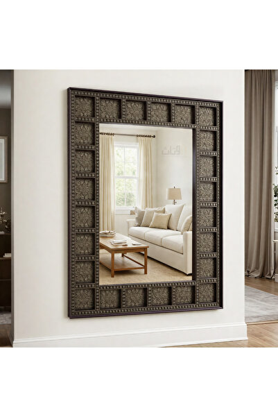 Ebticar Luxury Brown Wooden Frame Indian Embroidery Square Wall Mirror