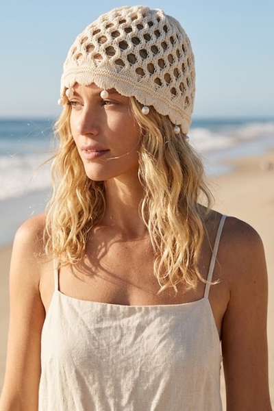 CAŞ DEKORASYON Cream Color Pearl Mesh Knitted Hair Bandana Hat