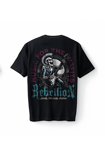 Bumeta Μπλουζάκι Unisex με στάμπα κιθάρας Punk Rock Skeleton, Oversize