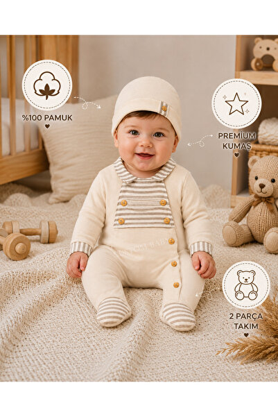 Bebly Kids Erkek Bebek Ahşap Düğmeli Premium Tulum Bere Takım 0-3 AY Yenidoğa...