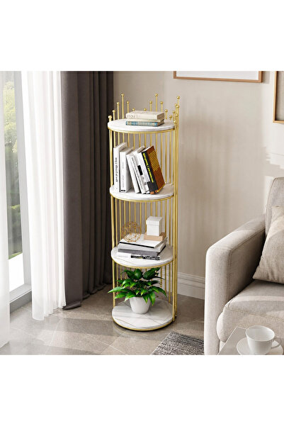 Vivendo Etajera decorativa rotunda cu 4 niveluri, cadru auriu si polite albe,...