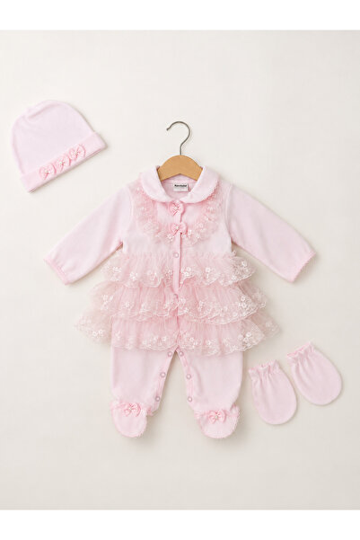 Kardeşler Bebe Lace Booties Jumpsuit Set (with Beanie & Gloves)