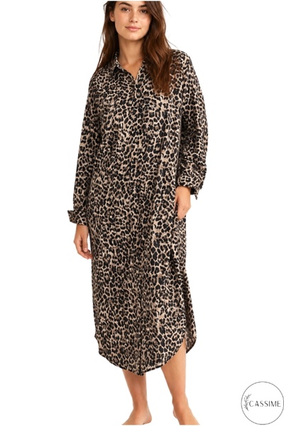 Cassime Women's Leopard Cotton Oversize Long Dress - Without Belt