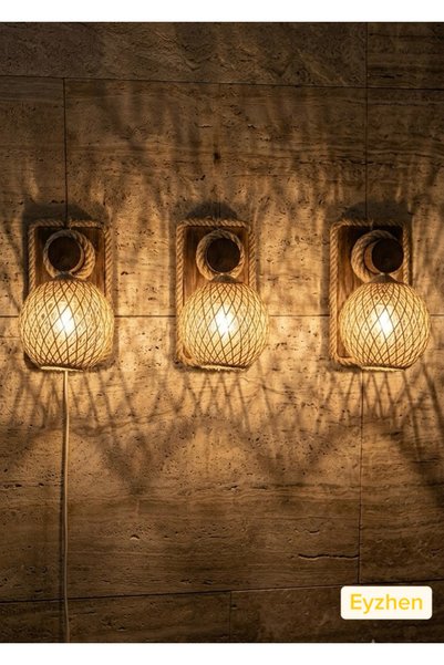Eyzhen Handmade Wicker Wall Sconce Wooden Rustic Sconce Bohemian Rattan Wall Lamp with Rope Decorative Living Room Bedroom Hallway Lighting (3 Pcs)