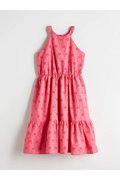 LC Waikiki Pink Halter Neckline Girl's Dress with Scallop Detail