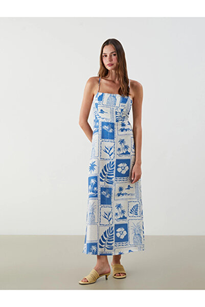 LC Waikiki Blue Square Collar Patterned Thread Strap K Linen Blended Dress