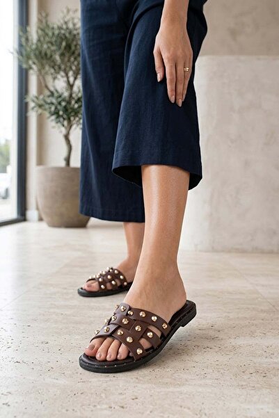 Ayakkabı Fuarı Elit 26Ymrt02C Women's Genuine Leather Flat Slippers Brown