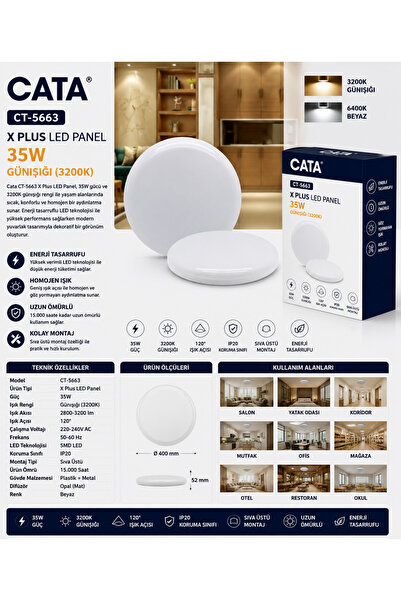 Cata CT-5663 X Plus LED Panel 35W Günışığı 3200K Sıva Üstü Yuvarlak LED Armatür