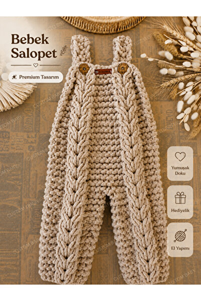 EL YAPIMI El Örgüsü Bebek Salopeti Bej Unisex Premium Tasarım Bebek Tulumu Alize Puffy Bebek Hediyesi