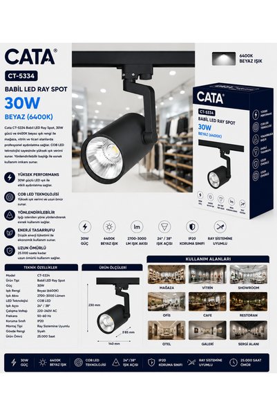 Cata CT-5334 Babil LED Ray Spot 30W Beyaz 6400K COB LED Mağaza ve Vitrin Aydı...