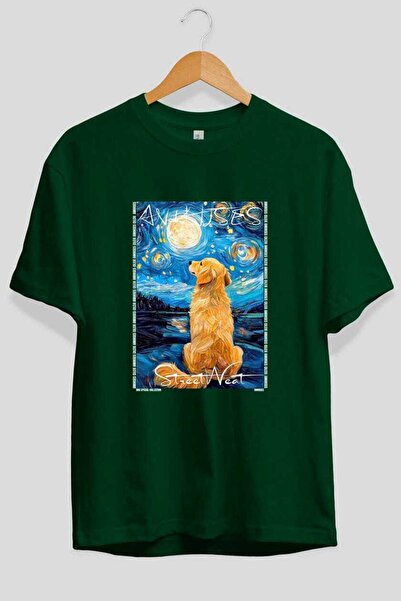Ankhises تي شيرت Dog For Love 6 أخضر اللون كبير الحجم مطبوع عليه صورة كلب، مص...