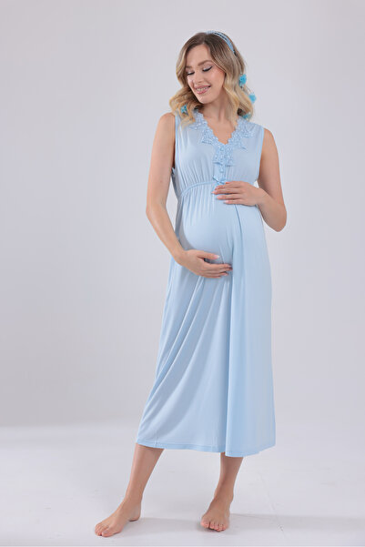 Yulem Homewear قميص نوم قطني للحوامل بتصميم دانتيل أزرق
