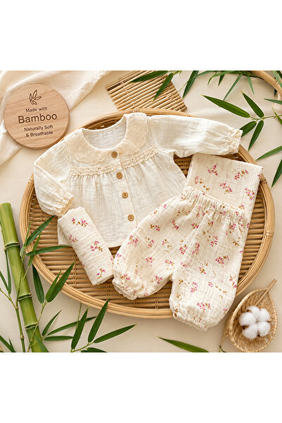 Minimio Kids Kız Bebek Çiçek Desenli Müslin Yeni Doğan Takımı – Dantel Detayl...