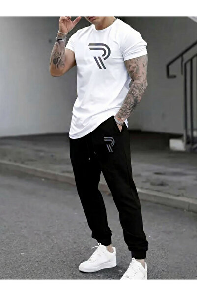 ship master Men's Cotton R Logo Printed Crew Neck T-Shirt Jogger Sweatpants Set