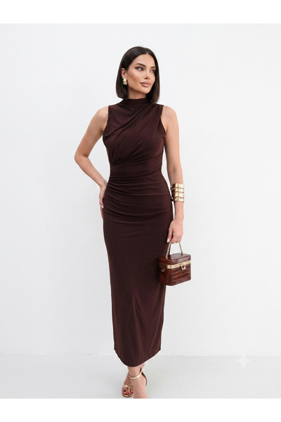 My Blog Brown Rosa Draped Slit Midi Dress - 4114