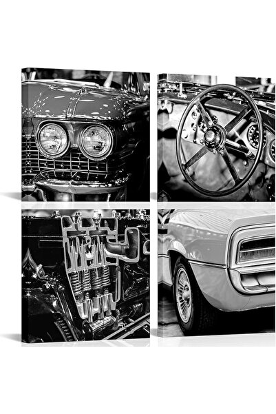 ESSESORIES Black White Vintage Car American Retro Music Poster Wall Art Set o...