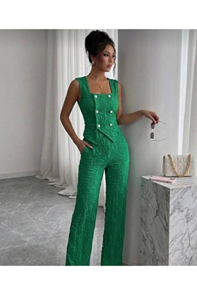 Wear Up Women's Button Detail Vest and Wide Leg Pants Wrinkled Fabric Two-Pie...