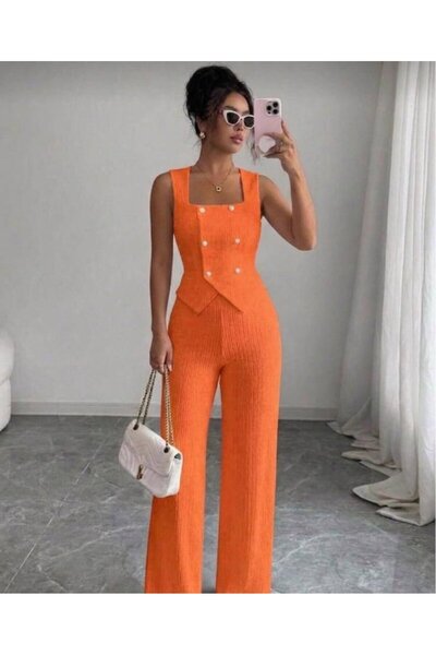 civetta Women's Button Detail Vest and Wide Leg Pants Wrinkled Fabric Two-Pie...