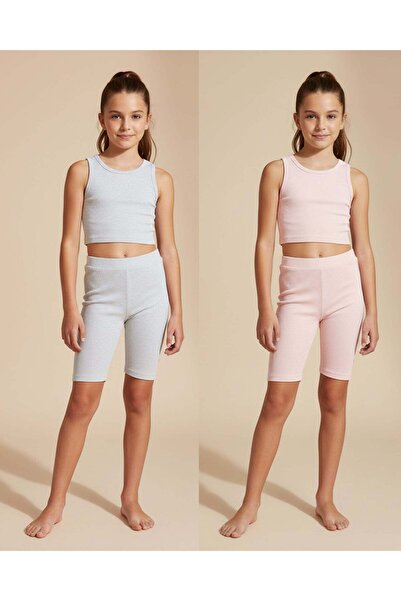 REDTAG Girls Pink and Grey & Ribbed Cycling Shorts Pack Of 2